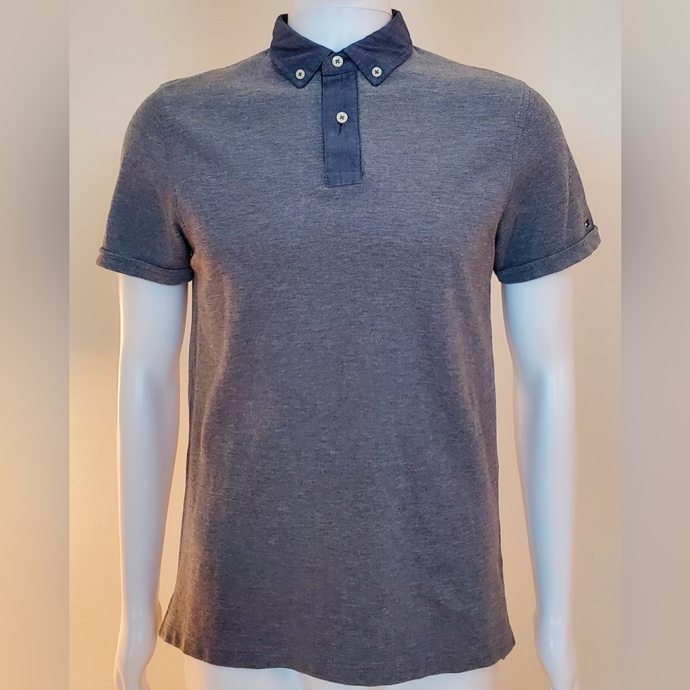 Tommy Hilfiger Light Blue Gray Knit Polo Shirt Short Sleeves New